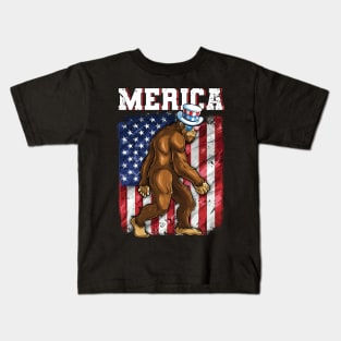 Bigfoot Sasquatch Merica American Flag Kids T-Shirt